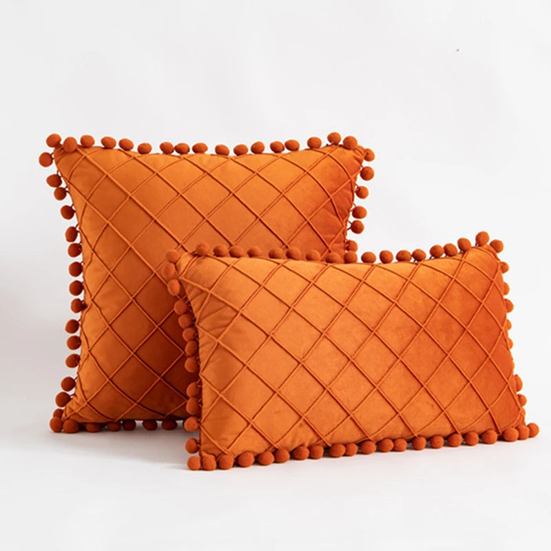 Velvet Crisscross Throw Pillow Cover with Pompoms – Boho Home Decor Accent