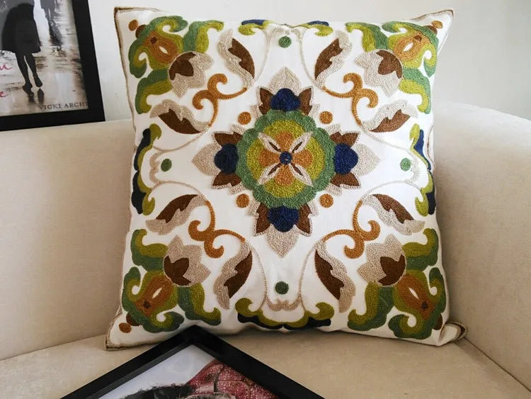 Boho Embroidered Throw Pillow Cover – Geometric Decorative Cushion