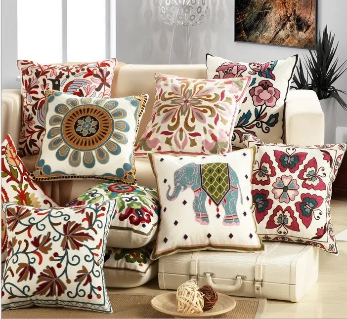 Boho Embroidered Throw Pillow Cover – Geometric Decorative Cushion