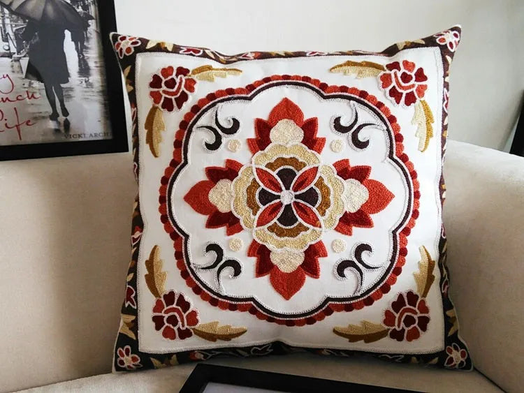 Boho Embroidered Throw Pillow Cover – Geometric Decorative Cushion