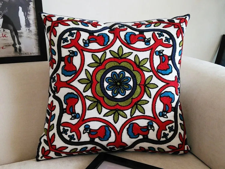 Boho Embroidered Throw Pillow Cover – Geometric Decorative Cushion