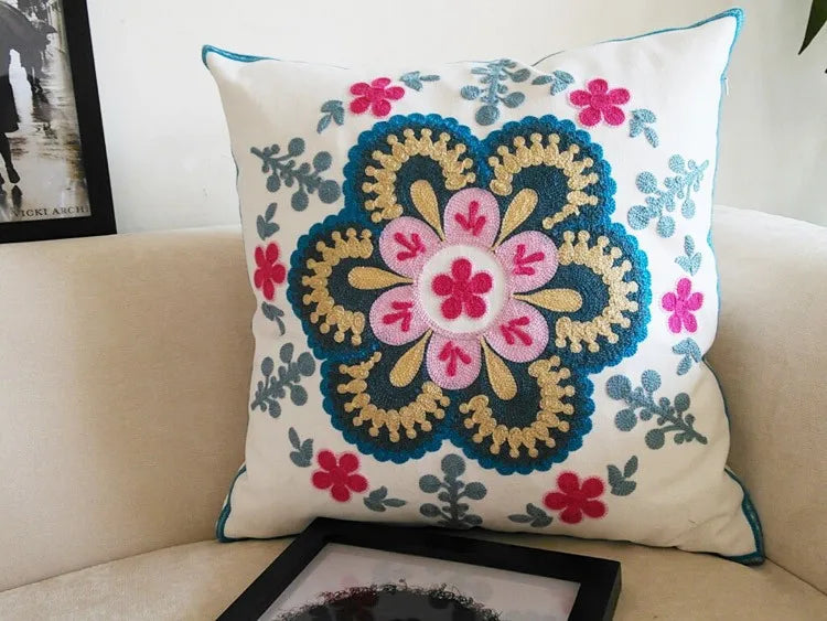 Boho Embroidered Throw Pillow Cover – Geometric Decorative Cushion