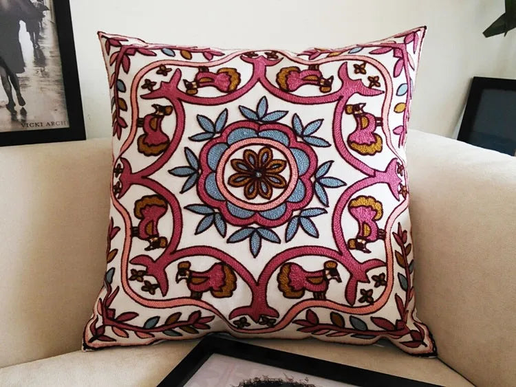 Boho Embroidered Throw Pillow Cover – Geometric Decorative Cushion