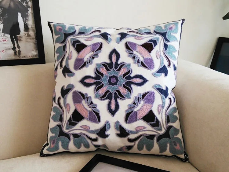 Boho Embroidered Throw Pillow Cover – Geometric Decorative Cushion