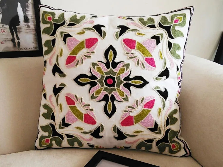 Boho Embroidered Throw Pillow Cover – Geometric Decorative Cushion