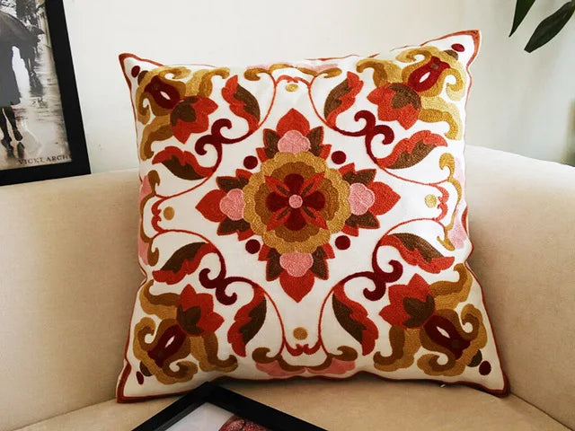 Boho Embroidered Throw Pillow Cover – Geometric Decorative Cushion