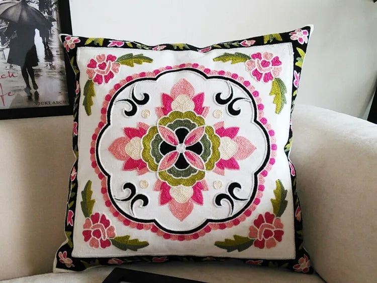 Boho Embroidered Throw Pillow Cover – Geometric Decorative Cushion