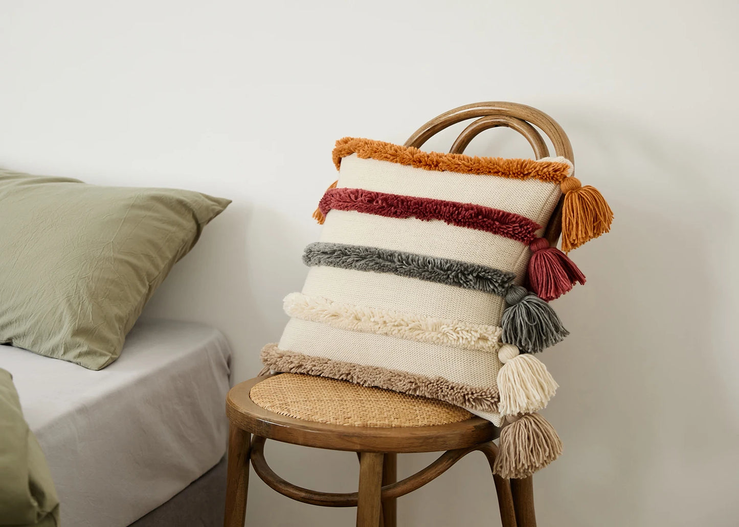 Boho Striped Tufted Cushion Cover – Knitted Throw Pillow Case with Tassels - Clay