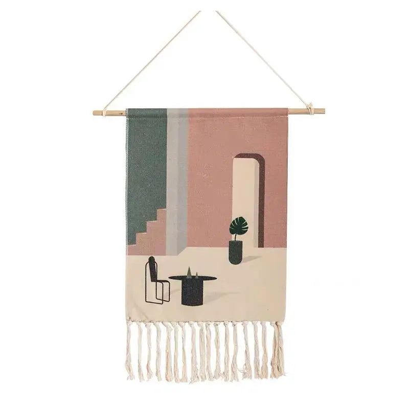 Boho Geometric Canvas Wall Tapestry – Handmade Cotton Macrame with Tassels