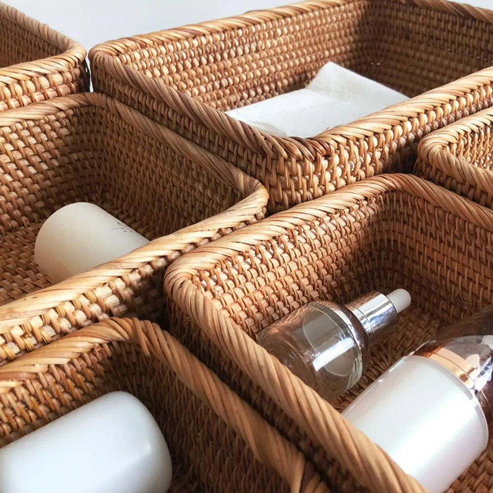 Wicker basket with skincare products including bottles and a bowl. boho home decor, rattan basket, handwoven wicker basket, fruit storage box, bread basket, picnic basket, natural storage bin, tea storage box, rustic home organization, farmhouse decor, housewarming gift, boho storage basket