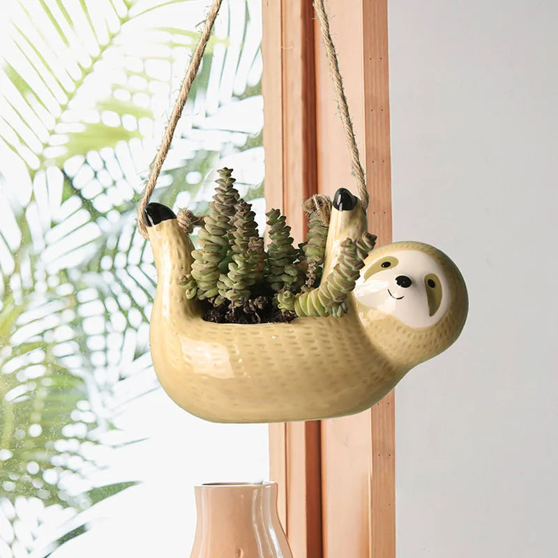 Ceramic Sloth Hanging Planter – Boho Home Decor Flower Pot for Green Plants & Garden Decor