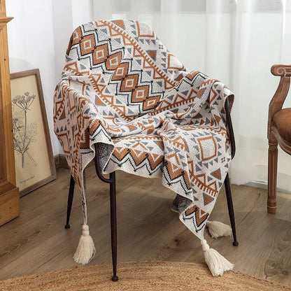 Geometric Boho Knit Throw Blanket With Tassels