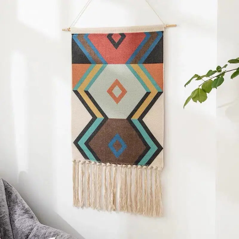 Boho Geometric Canvas Wall Tapestry – Handmade Cotton Macrame with Tassels