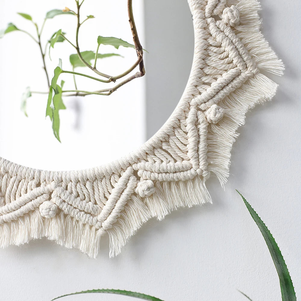 Boho Macrame Round Wall Mirror – Decorative Hanging Mirror for Bedroom & Living Room - Natural Knotted Sun