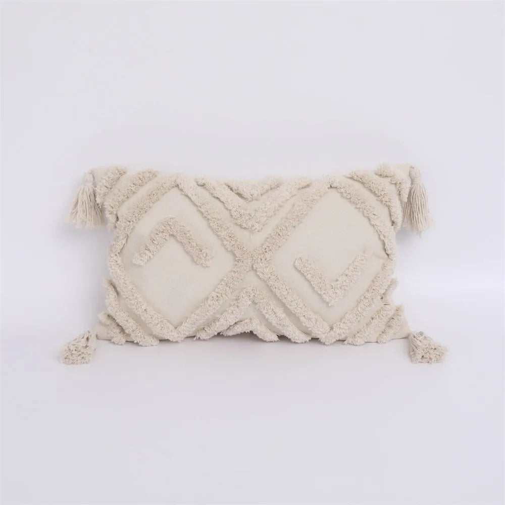 Textured pillow with geometric pattern on a white background