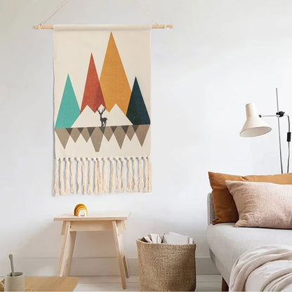 Boho Geometric Canvas Wall Tapestry – Handmade Cotton Macrame with Tassels
