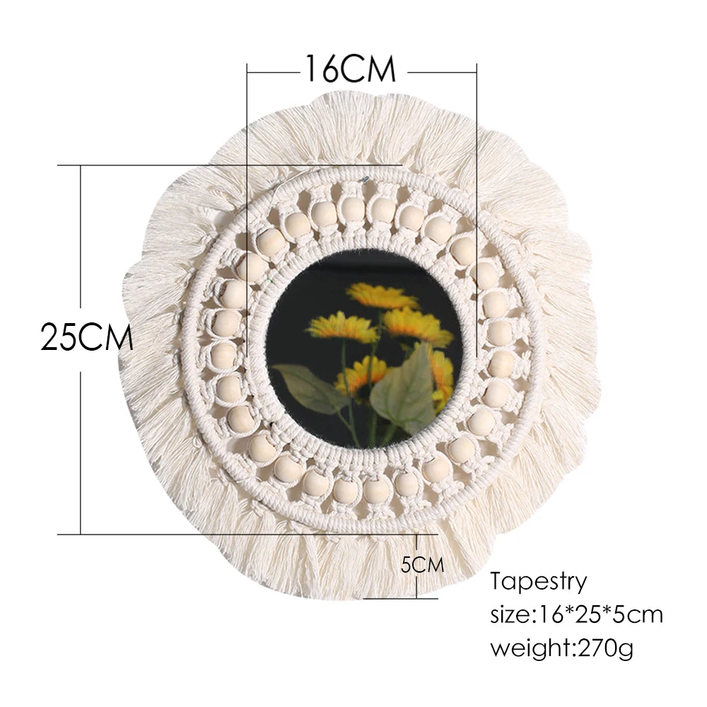 Boho Macrame Round Wall Mirror – Decorative Hanging Mirror for Bedroom & Living Room - Natural Knotted Sun