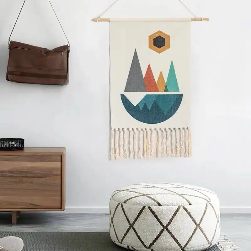 Boho Geometric Canvas Wall Tapestry – Handmade Cotton Macrame with Tassels