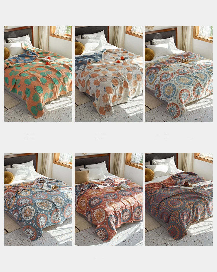 Collage of six images showing a patterned comforter on a bed with different color schemes. Bohemian cotton gauze quilted bedspread in 4-layer muslin, breathable summer blanket for bed or sofa, lightweight soft throw in assorted colors and patterns. My Boho Home. 