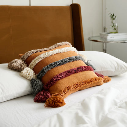 Boho Striped Tufted Cushion Cover – Knitted Throw Pillow Case with Tassels - Clay