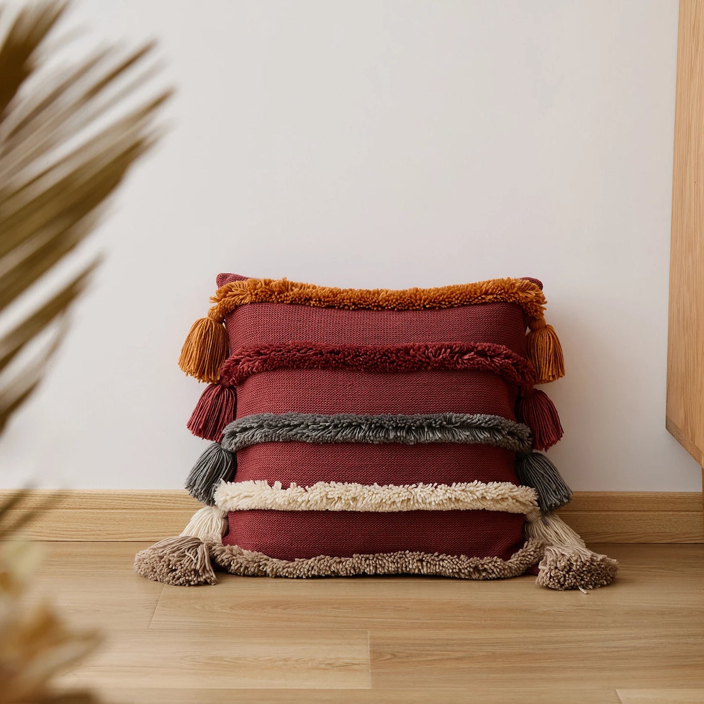 Boho Striped Tufted Cushion Cover – Knitted Throw Pillow Case with Tassels - Clay