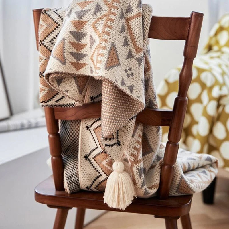 Geometric Boho Knit Throw Blanket With Tassels