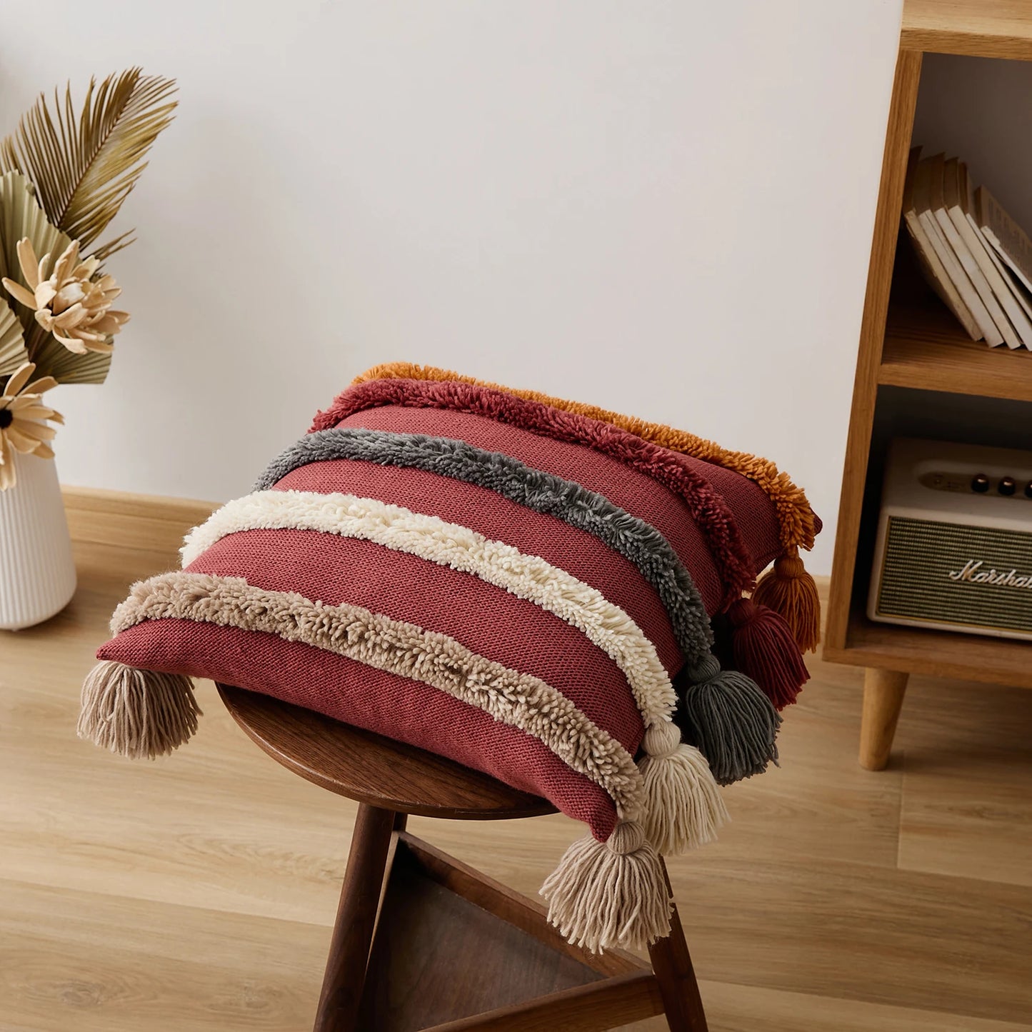 Boho Striped Tufted Cushion Cover – Knitted Throw Pillow Case with Tassels - Clay