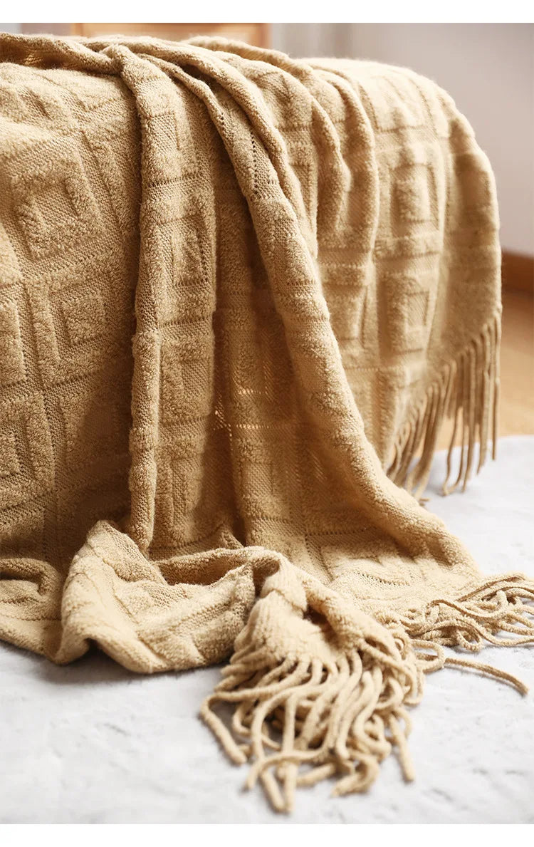 Diamond Cashmere Sofa Blanket – Thick Winter Knitted Throw with Tassels