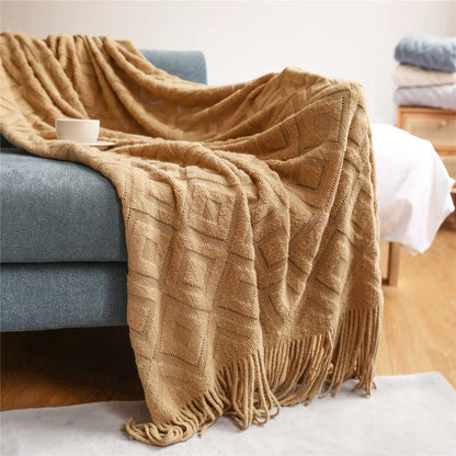 Diamond Cashmere Sofa Blanket – Thick Winter Knitted Throw with Tassels