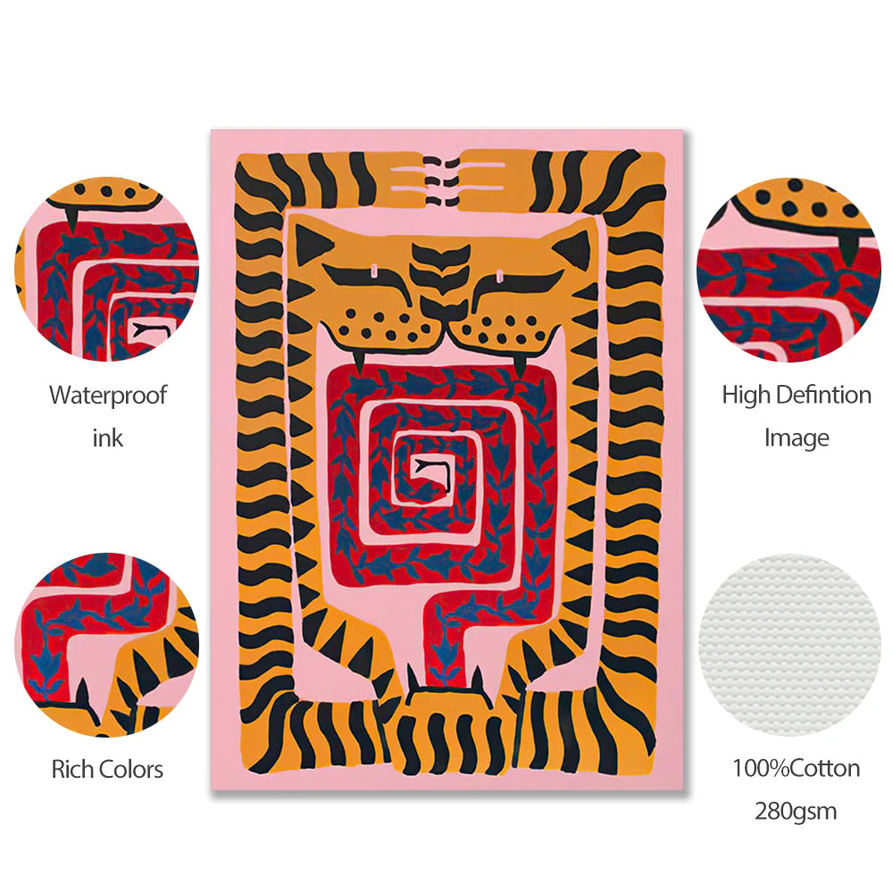 Colorful Abstract Boho Wall Art – Two Tigers Pink Canvas Print