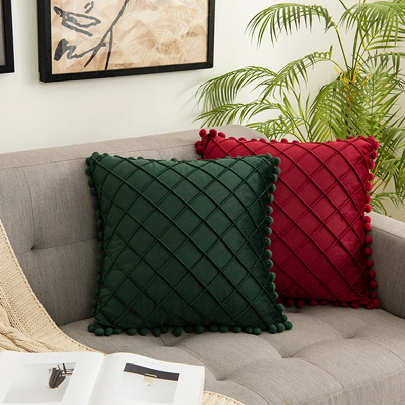 Velvet Crisscross Throw Pillow Cover with Pompoms – Boho Home Decor Accent