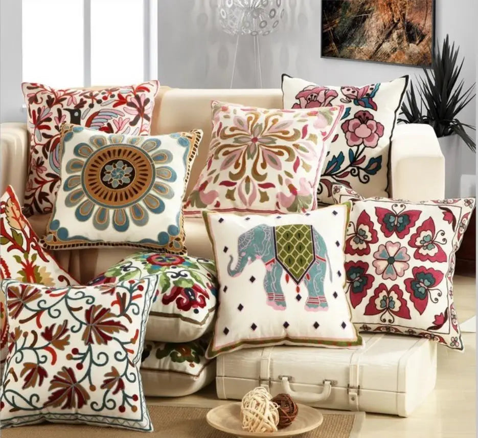 Boho Embroidered Throw Pillow Cover – Geometric Decorative Cushion