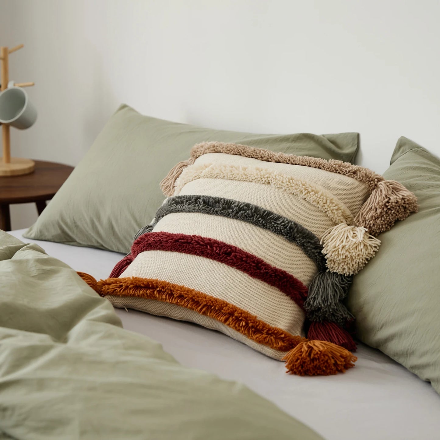 Boho Striped Tufted Cushion Cover – Knitted Throw Pillow Case with Tassels - Clay