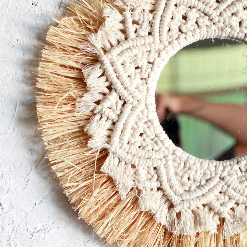 Round mirror with macrame frame and natural fringe on a light background boho home decor, boho wall mirror, macrame wall mirror, nordic decor, romantic wedding wall decoration, housewarming gift, round straw mirror, woven wall decor, tapestry mirror, boho bedroom wall accent, rustic mirror wall hanging