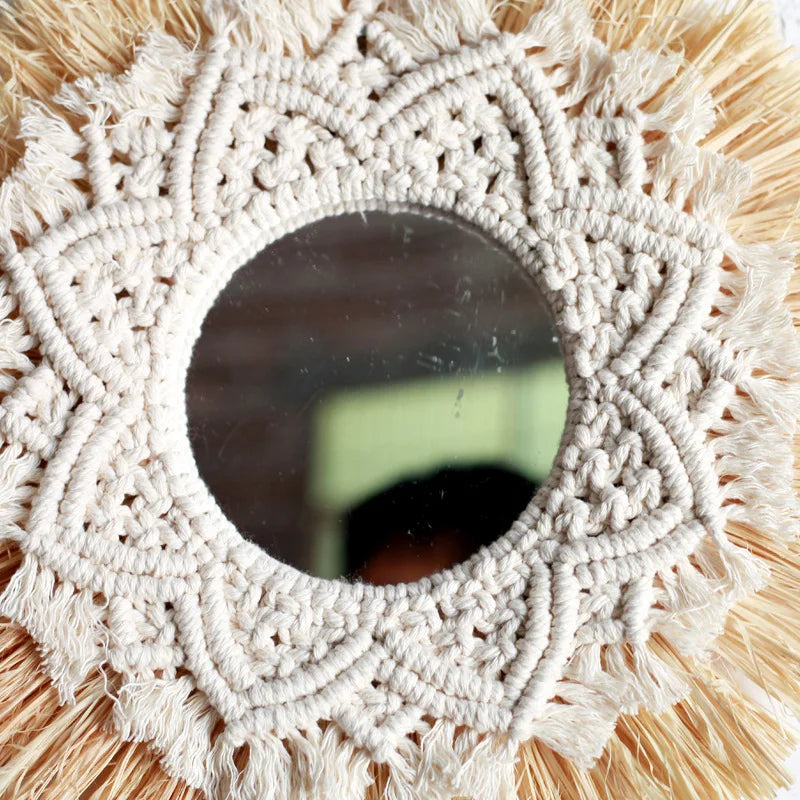 Macrame wall mirror with natural fiber frame on a textured surface boho home decor, boho wall mirror, macrame wall mirror, nordic decor, romantic wedding wall decoration, housewarming gift, round straw mirror, woven wall decor, tapestry mirror, boho bedroom wall accent, rustic mirror wall hanging