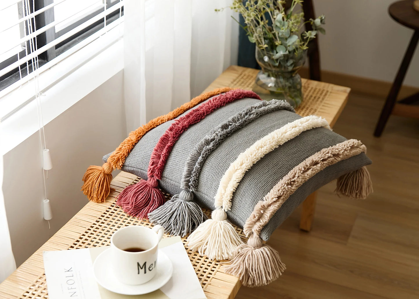 Boho Striped Tufted Cushion Cover – Knitted Throw Pillow Case with Tassels - Clay