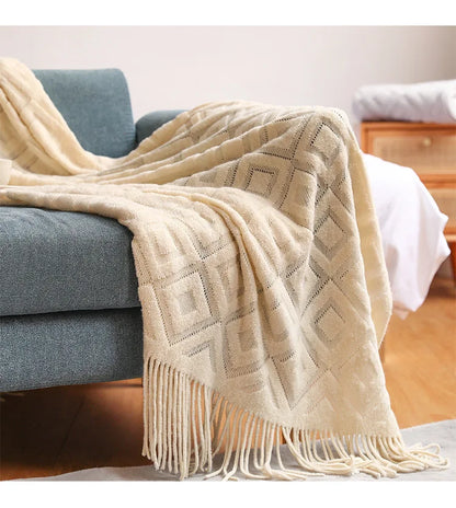 Diamond Cashmere Sofa Blanket – Thick Winter Knitted Throw with Tassels