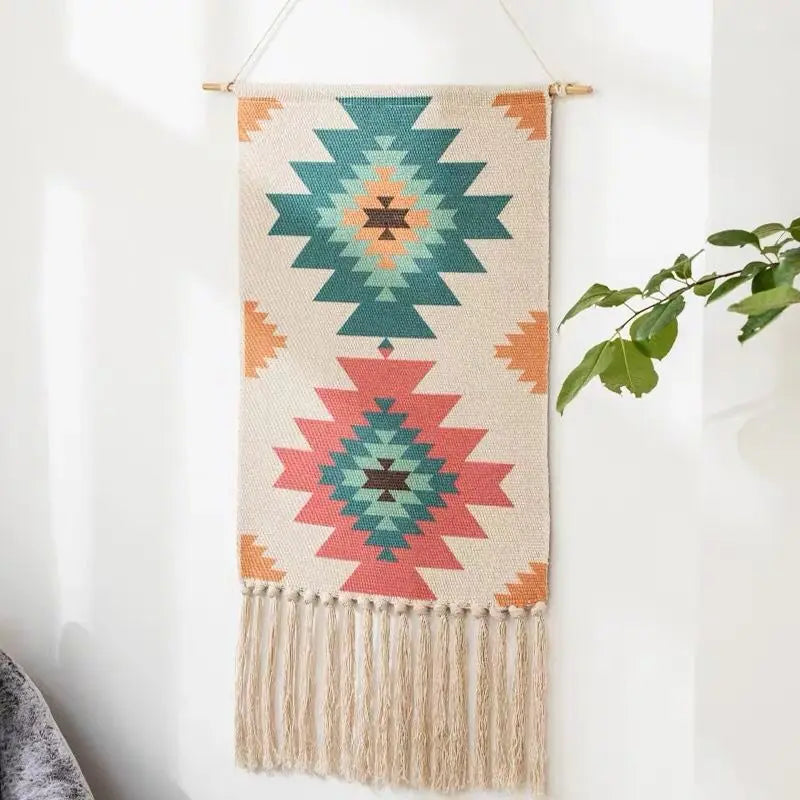 Boho Geometric Canvas Wall Tapestry – Handmade Cotton Macrame with Tassels