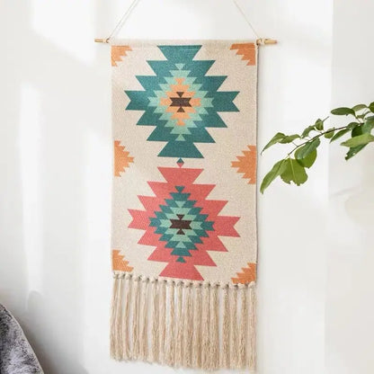 Boho Geometric Canvas Wall Tapestry – Handmade Cotton Macrame with Tassels