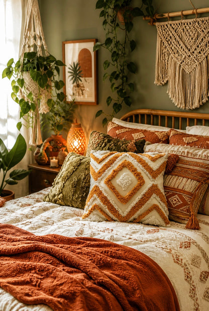 Burnt Orange Boho Embroidered Pillow Covers