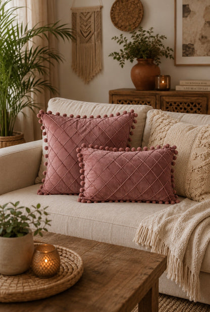 Velvet Crisscross Throw Pillow Cover with Pompoms – Boho Home Decor Accent
