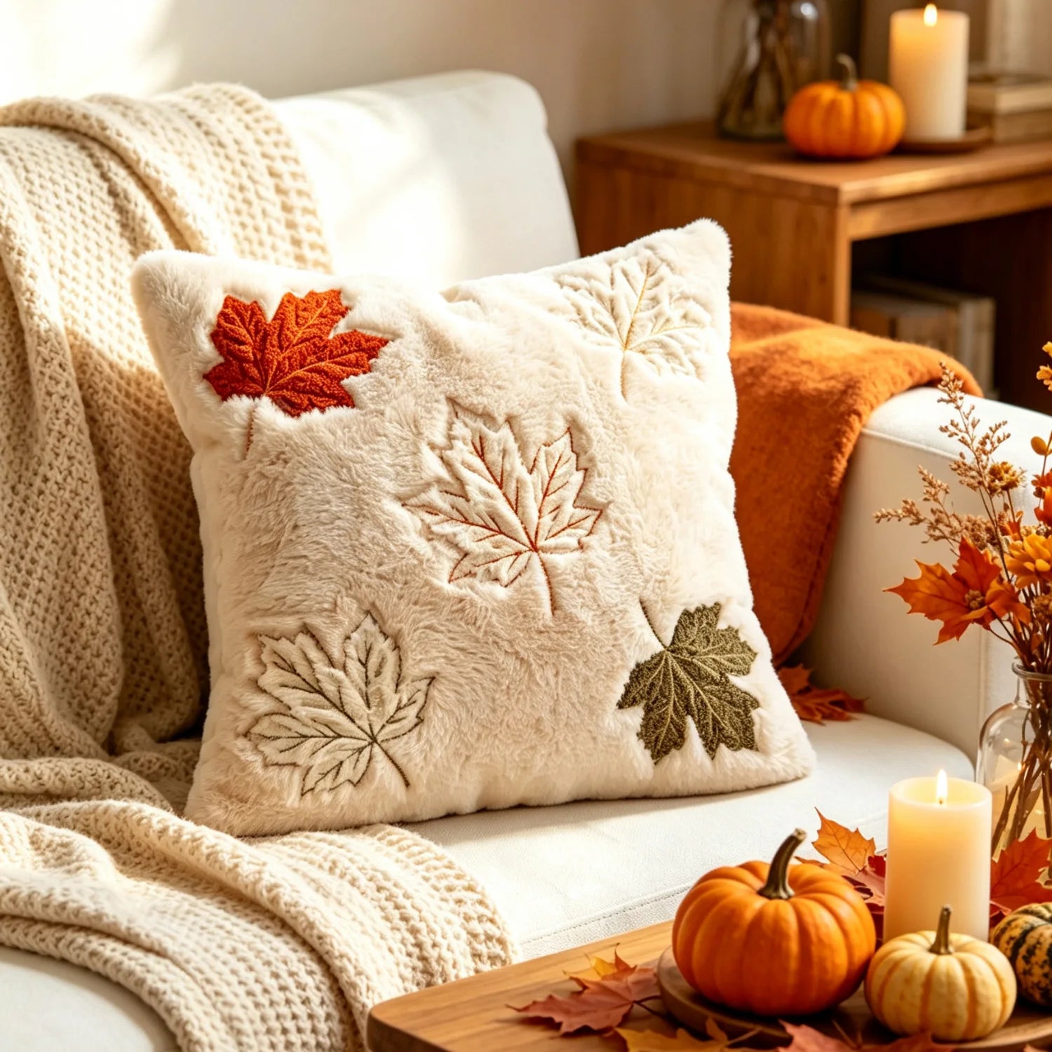 A square cream fuzzy throw pillow with embroidered autumn leaves in red, orange, and olive green, styled on a white sofa with a beige knit blanket, an orange throw, and fall decorations from My Boho Home
