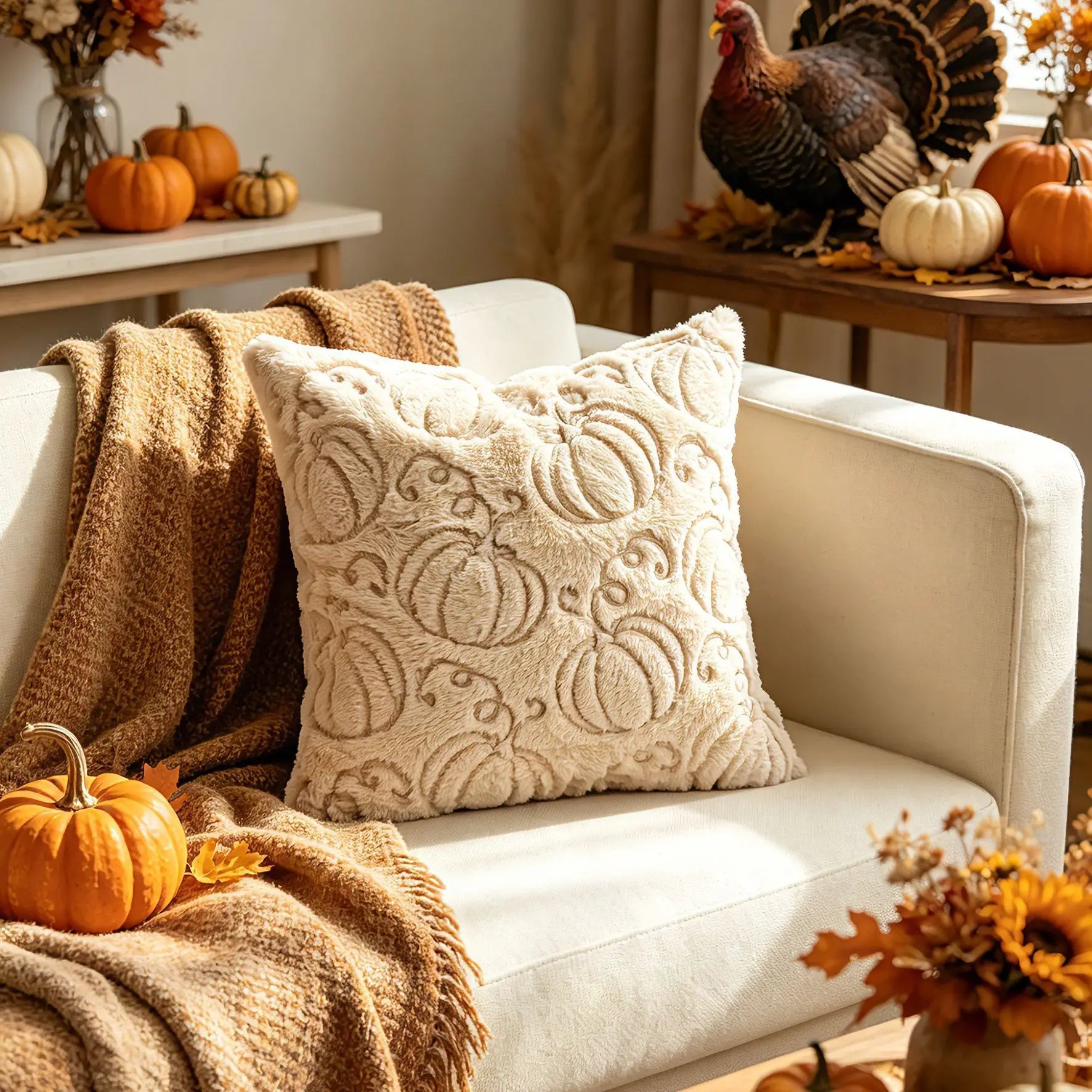A square cream throw pillow with an embossed pumpkin pattern sits on a white sofa draped with a brown knit blanket, styled in a cozy autumn living room with pumpkins and fall decor.
