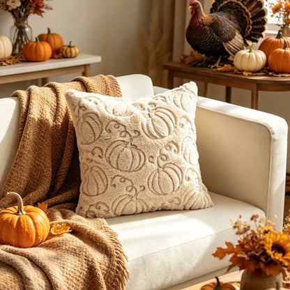 A square cream throw pillow with an embossed pumpkin pattern sits on a white sofa draped with a brown knit blanket, styled in a cozy autumn living room with pumpkins and fall decor.