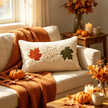 A cream throw pillow with embroidered autumn leaves in red, orange, and green, styled on a beige sofa with a chunky orange knit blanket, pumpkins, and fall decor in a warm living room setting.