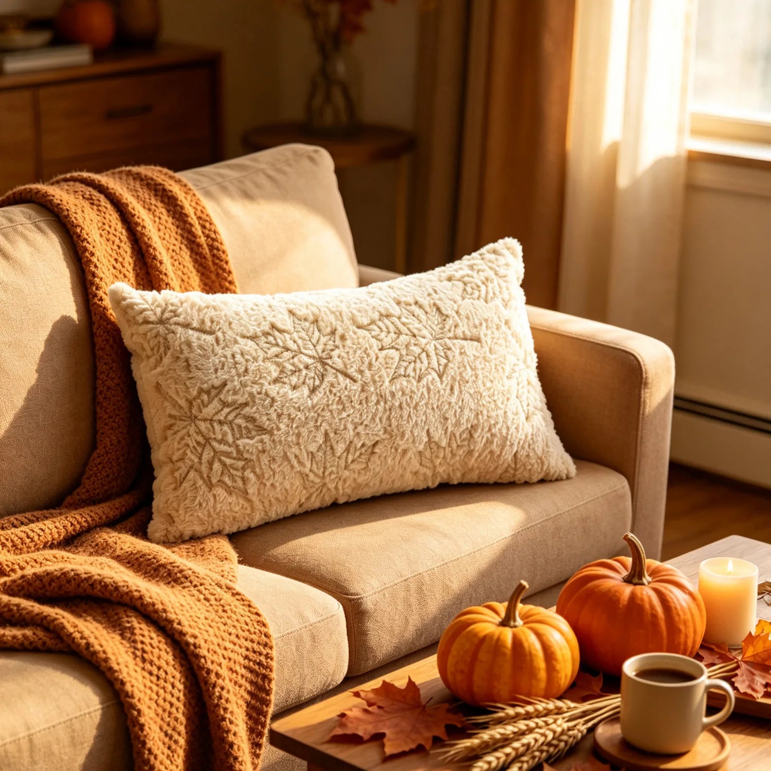 A beige textured throw pillow with a leaf pattern sits on a light brown sofa in a cozy living room setting, styled with a rust-orange knit blanket, pumpkins, a coffee cup, and autumn leaves.