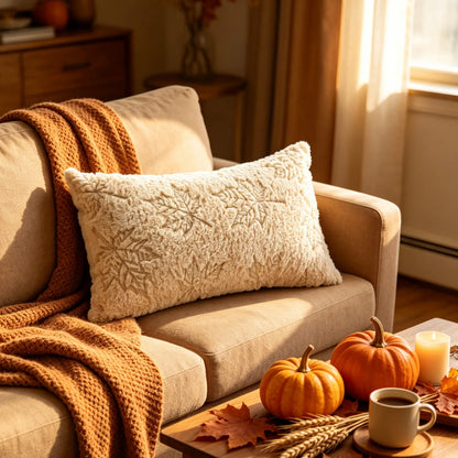 A beige textured throw pillow with a leaf pattern sits on a light brown sofa in a cozy living room setting, styled with a rust-orange knit blanket, pumpkins, a coffee cup, and autumn leaves.
