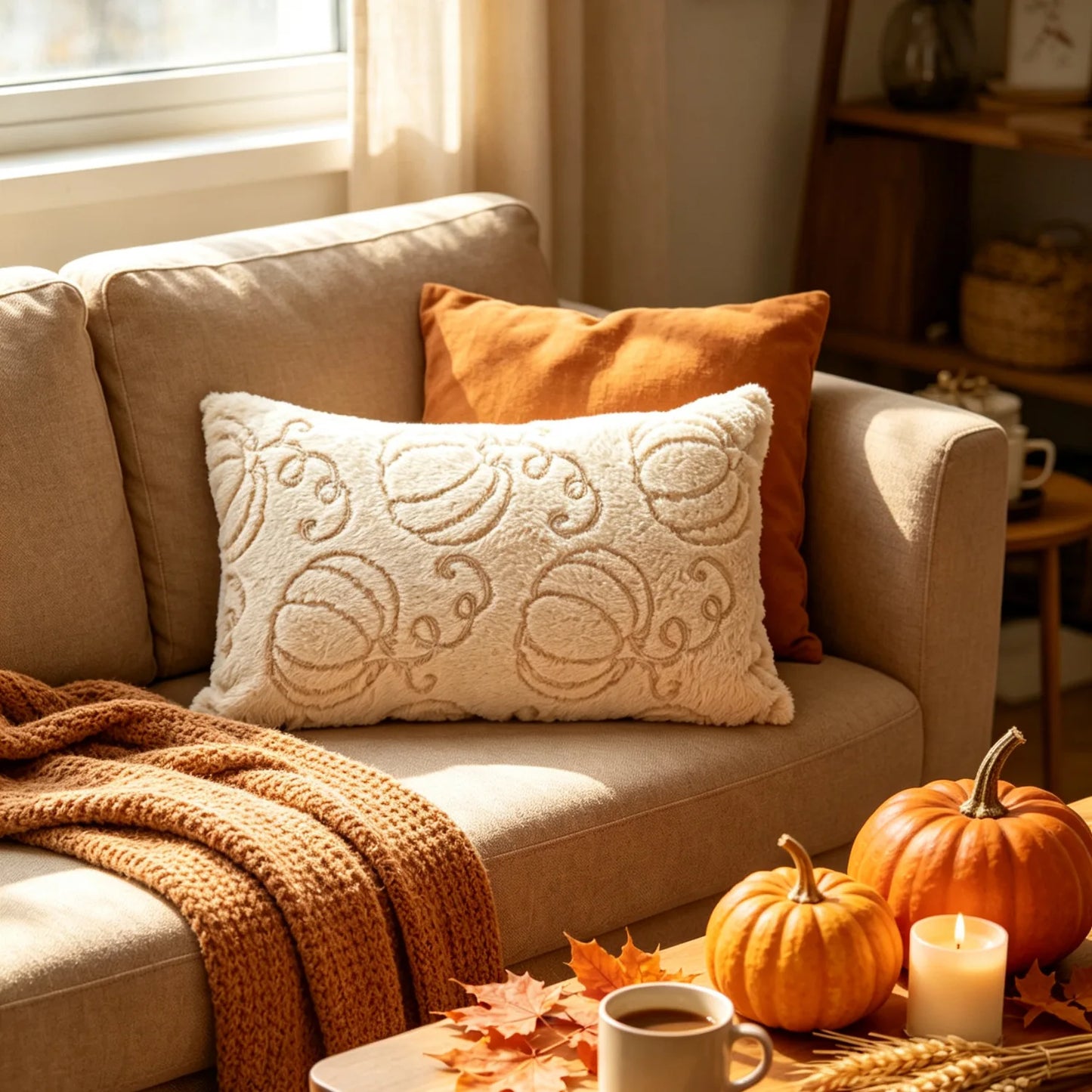 A beige throw pillow with a raised pumpkin pattern sits on a beige sofa in a cozy living room setting, styled with an orange pillow, a chunky knit blanket, and autumn decor including pumpkins, leaves, and a candle.