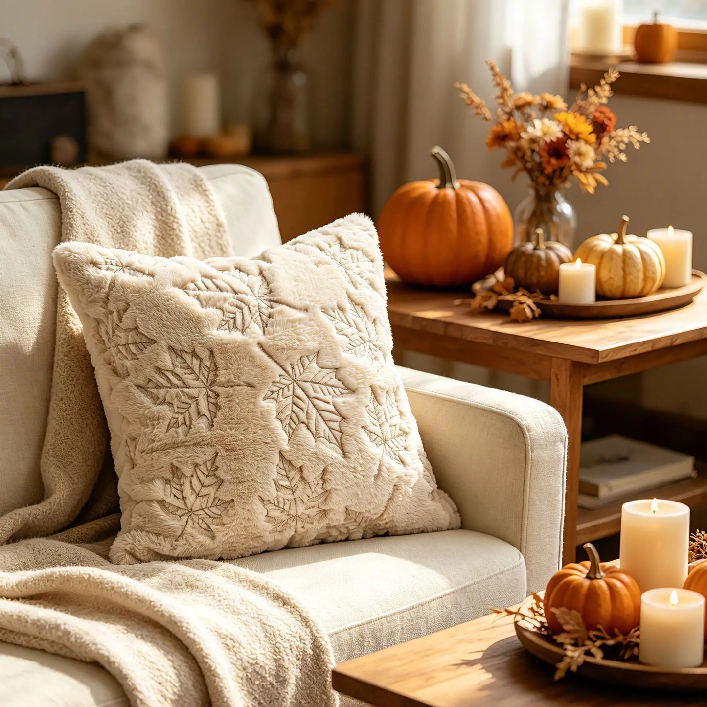 A cozy living room scene with a cream throw pillow featuring a raised leaf pattern, styled on a beige armchair next to a matching cream throw blanket. The background includes a wooden side table decorated with pumpkins, dried flowers, and lit candles.