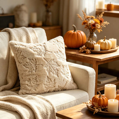 A cozy living room scene with a cream throw pillow featuring a raised leaf pattern, styled on a beige armchair next to a matching cream throw blanket. The background includes a wooden side table decorated with pumpkins, dried flowers, and lit candles.